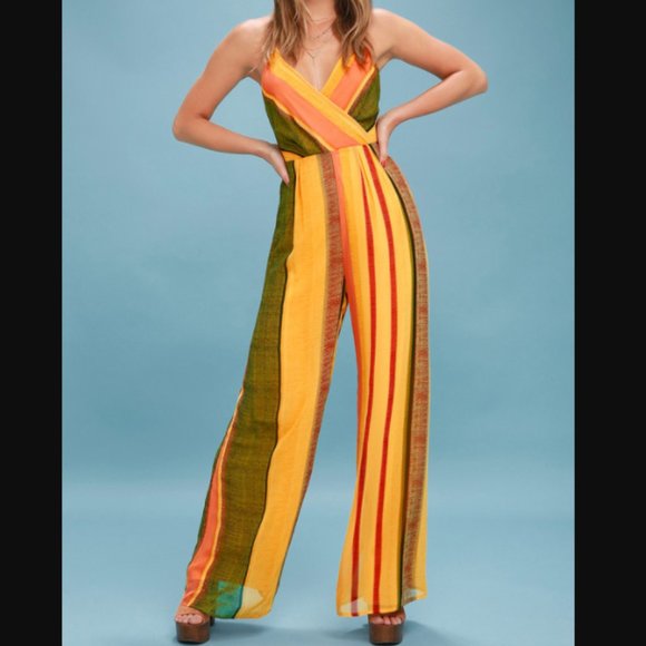 Lulus Pants - Lulu's Yellow Beach Club Striped Wide-Leg Jumpsuit